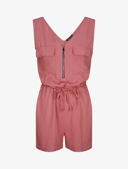 Combishort fluide unie à col zippé - Rose - 1