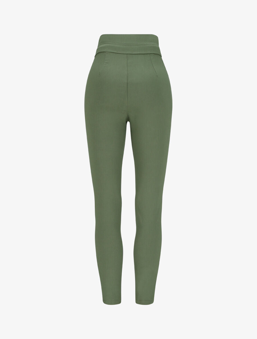 Pantalon slim taille haute à boutons dorés - Kaki - 2