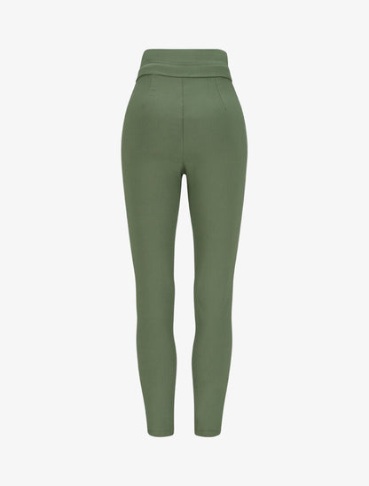 Pantalon slim taille haute à boutons dorés - Kaki - 2