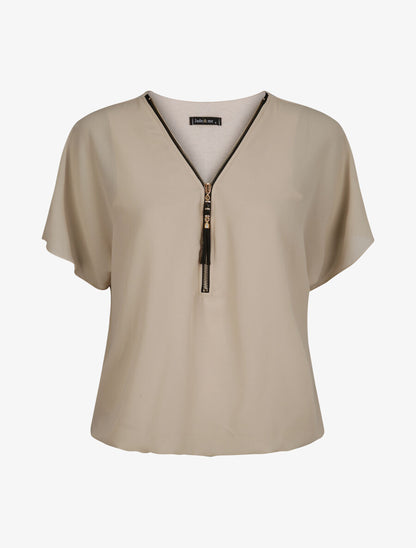 Top boule uni à zip - Beige - 1