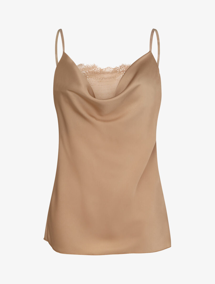 Caraco droit satiné à col bénitier et dentelle - Beige - 4