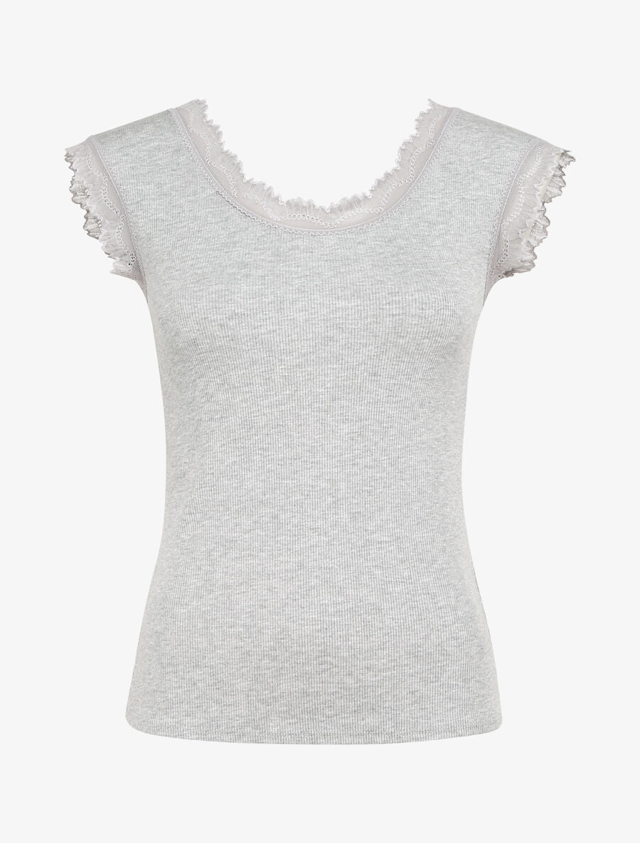 Top droit côtelé à bords en dentelle - Gris clair - 4