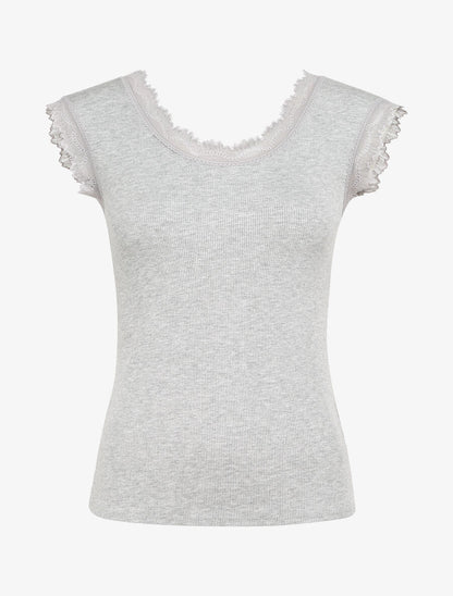 Top droit côtelé à bords en dentelle - Gris clair - 4