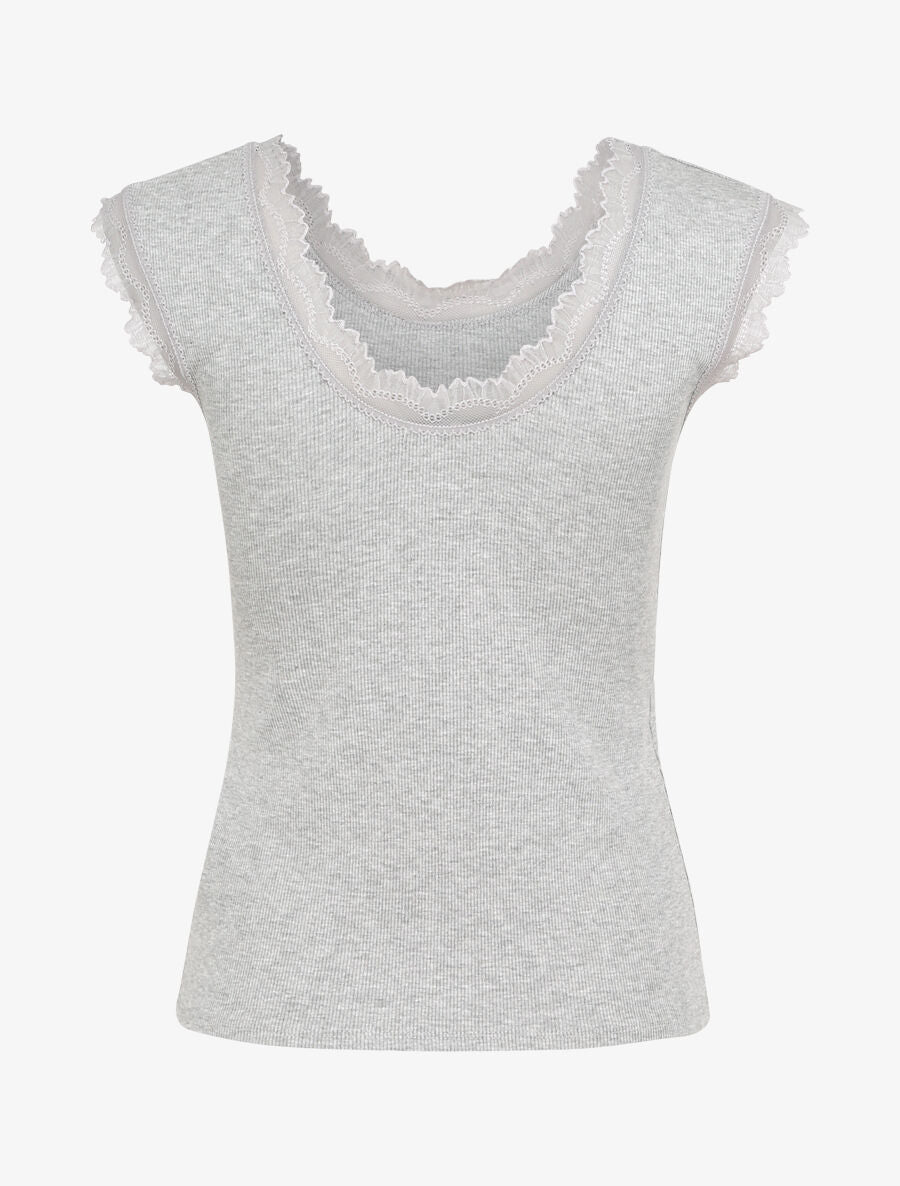Top droit côtelé à bords en dentelle - Gris clair - 2