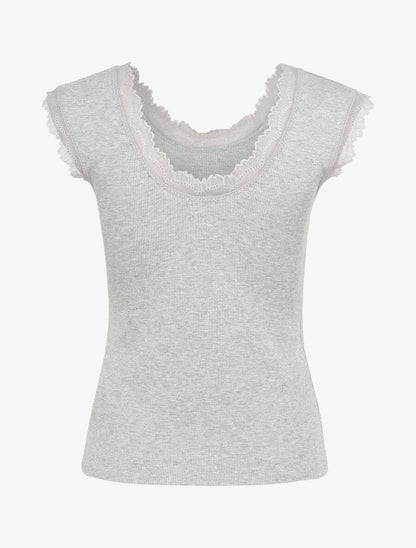 Top droit côtelé à bords en dentelle - Gris clair - 2