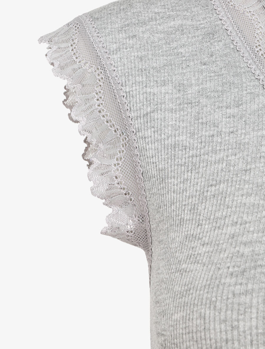 Top droit côtelé à bords en dentelle - Gris clair - 3