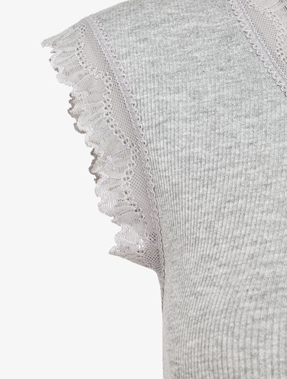 Top droit côtelé à bords en dentelle - Gris clair - 3