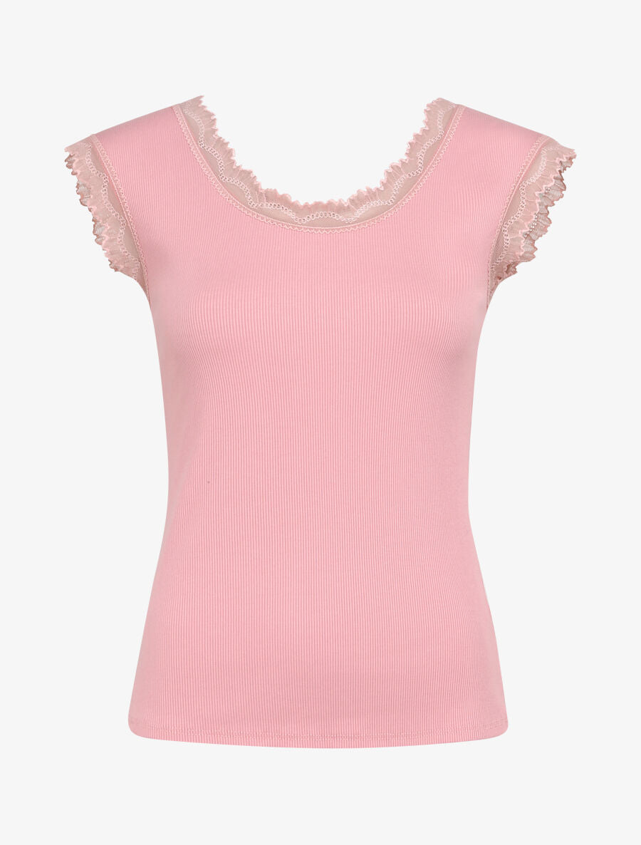 Top droit côtelé à bords en dentelle - Vieux rose - 4