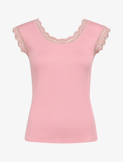 Top droit côtelé à bords en dentelle - Vieux rose - 4