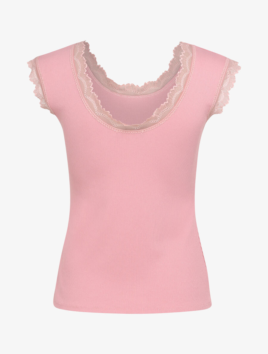 Top droit côtelé à bords en dentelle - Vieux rose - 2