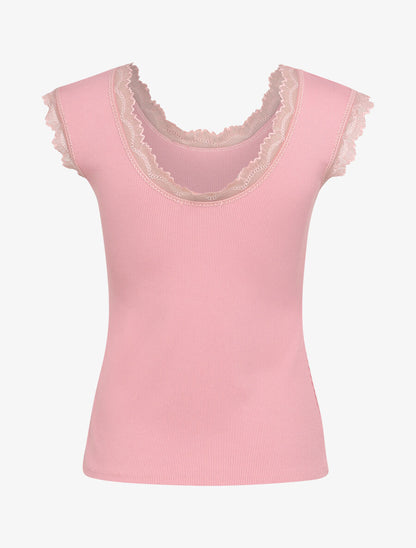 Top droit côtelé à bords en dentelle - Vieux rose - 2