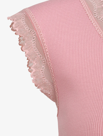 Top droit côtelé à bords en dentelle - Vieux rose - 3