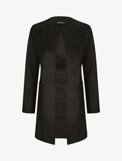Veste droite mi-longue en suédine - Noir - 4