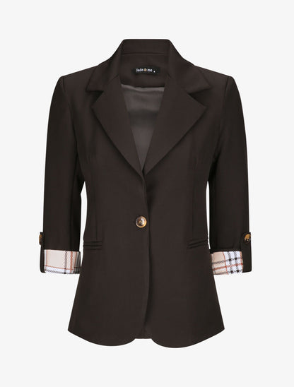 Blazer droit uni manches 3/4 à revers carreaux - Noir - 4