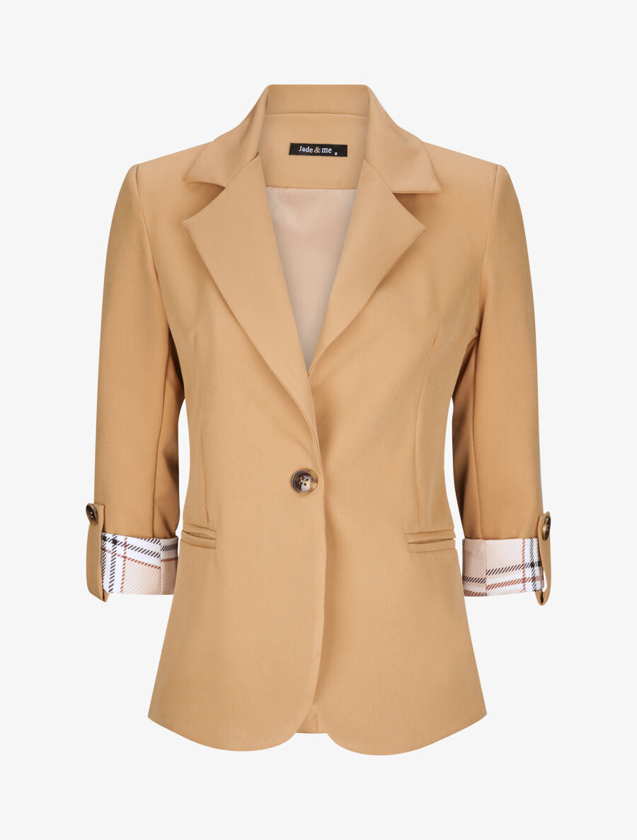 Blazer droit uni manches 3/4 à revers carreaux - Camel - 1
