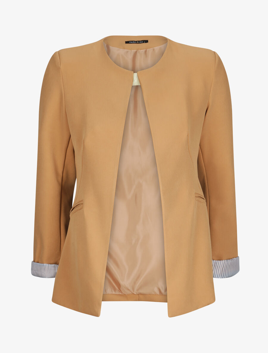Veste droite unie manches à revers rayé - Camel - 4