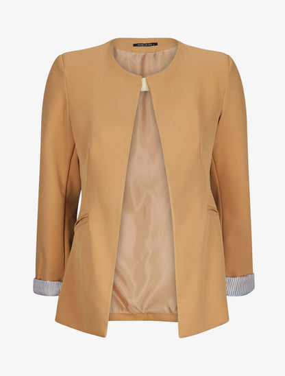 Veste droite unie manches à revers rayé - Camel - 4