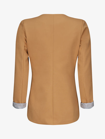 Veste droite unie manches à revers rayé - Camel - 2