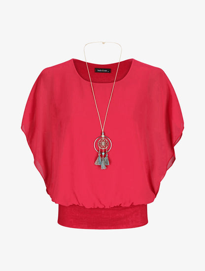 Top boule uni manches courtes chauve-souris - Framboise - 5