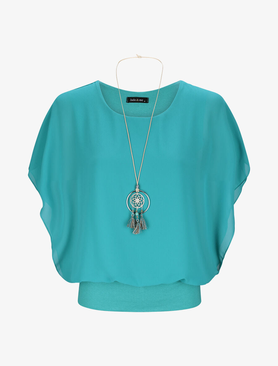 Top boule uni manches courtes chauve-souris - Bleu turquoise - 1