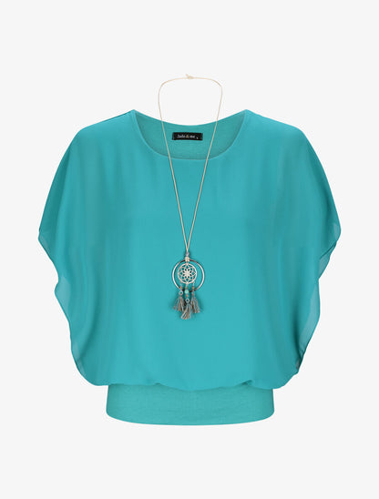 Top boule uni manches courtes chauve-souris - Bleu turquoise - 1