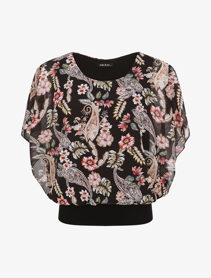Top boule imprimé fleurs baroques - Noir - 5
