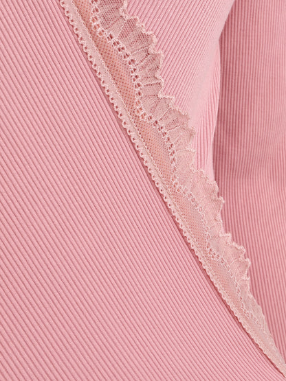 Body côtelé à col cache-coeur en dentelle - Vieux rose - 3
