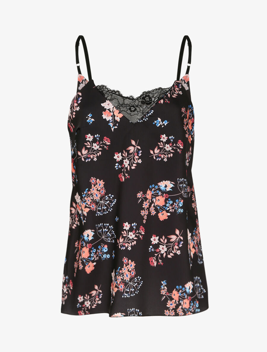 Caraco droit satiné à imprimé bouquet floral et dentelle stylisée - Noir - 1
