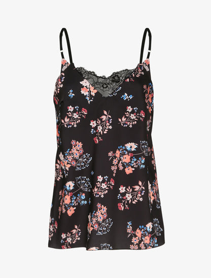 Caraco droit satiné à imprimé bouquet floral et dentelle stylisée - Noir - 1