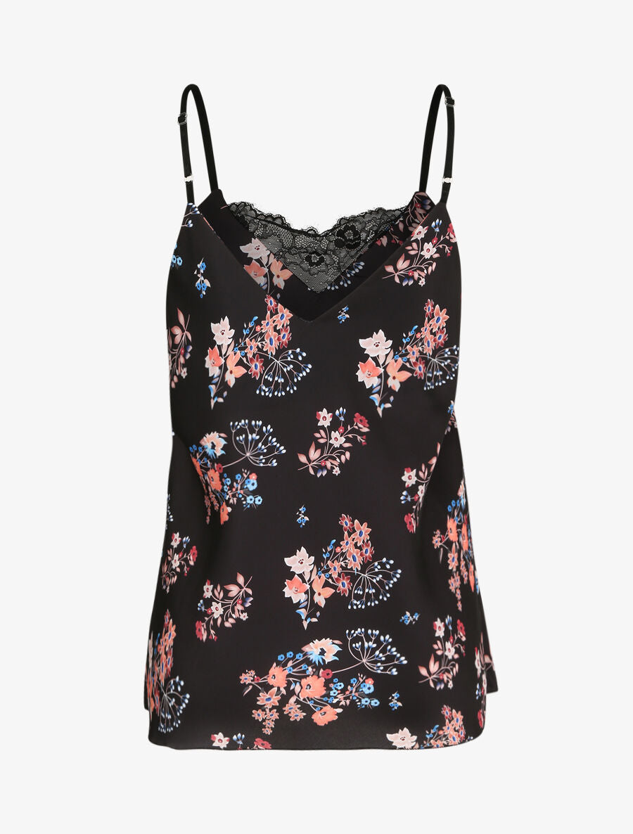 Caraco droit satiné à imprimé bouquet floral et dentelle stylisée - Noir - 2