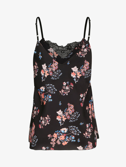Caraco droit satiné à imprimé bouquet floral et dentelle stylisée - Noir - 2