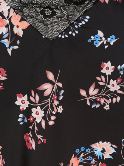 Caraco droit satiné à imprimé bouquet floral et dentelle stylisée - Noir - 3