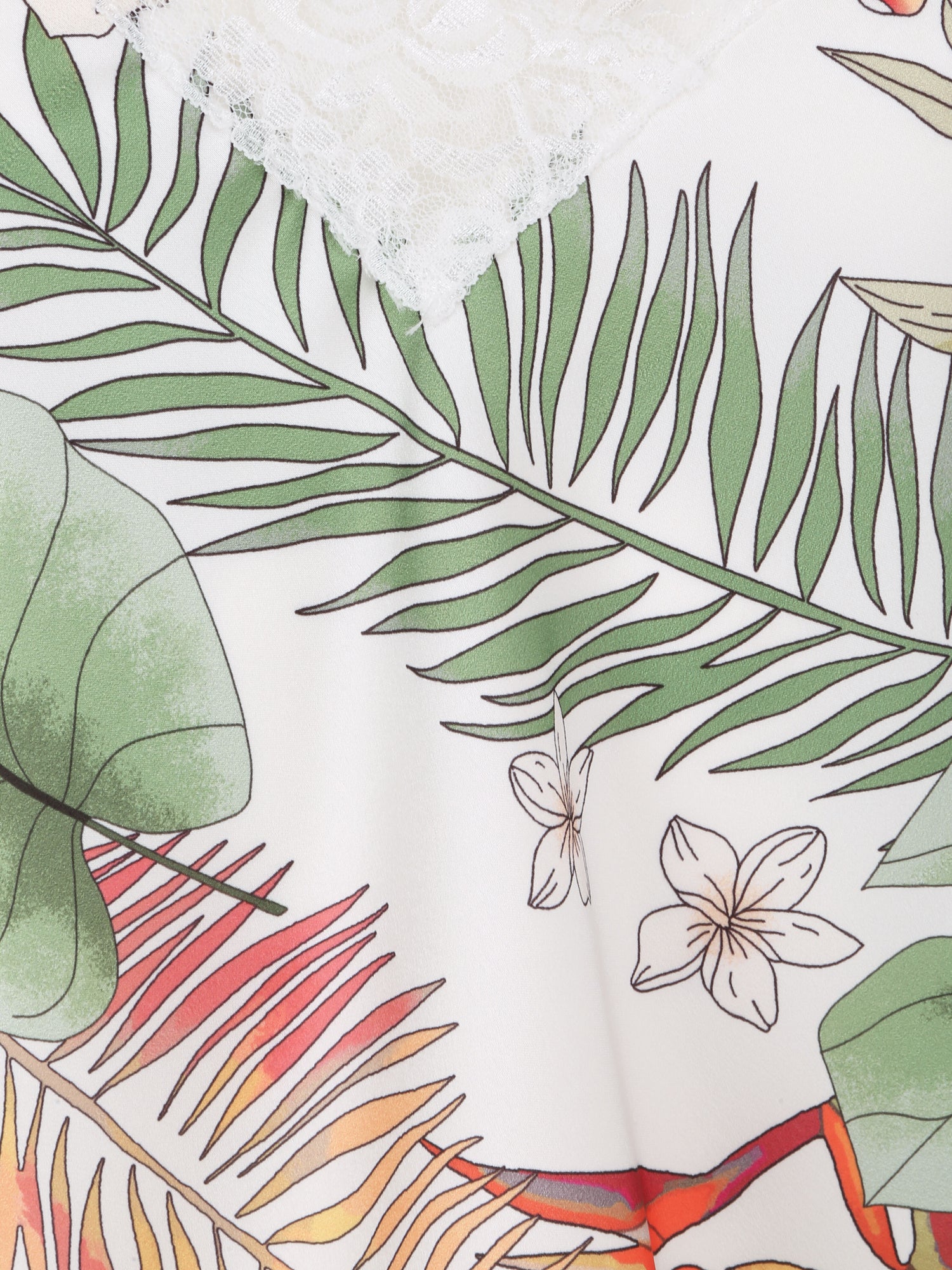 Caraco droit satiné imprimé fleurs diverses et col V en dentelle - Blanc - 3