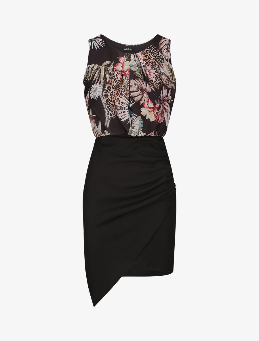Robe asymétrique à imprimé feuilles tropicales - Noir - 1