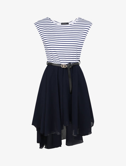 Robe patineuse rayée asymétrique à col rond - Marine - 1