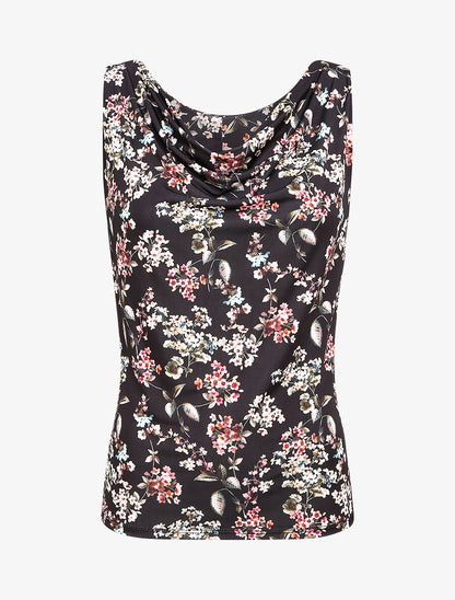 Top droit col bénitier imprimé fleurs printanières - Noir - 1