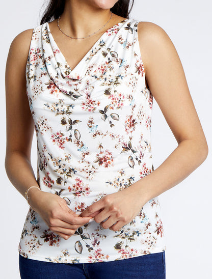 Top droit col bénitier imprimé fleurs printanières - Blanc - 4
