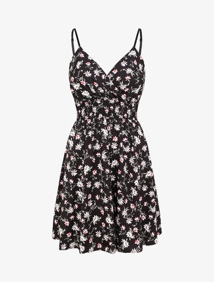 Robe cache-coeur fleurie à fines bretelles - Noir - 5