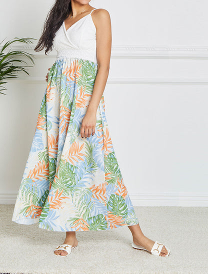Robe longue empire imprimé plantes tropicales et buste dentelle - Bleu ciel - 4