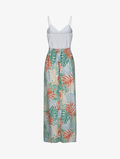 Robe longue empire imprimé plantes tropicales et buste dentelle - Blanc - 2