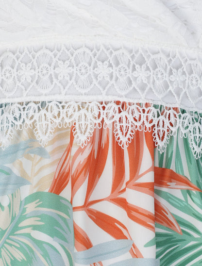 Robe longue empire imprimé plantes tropicales et buste dentelle - Blanc - 3