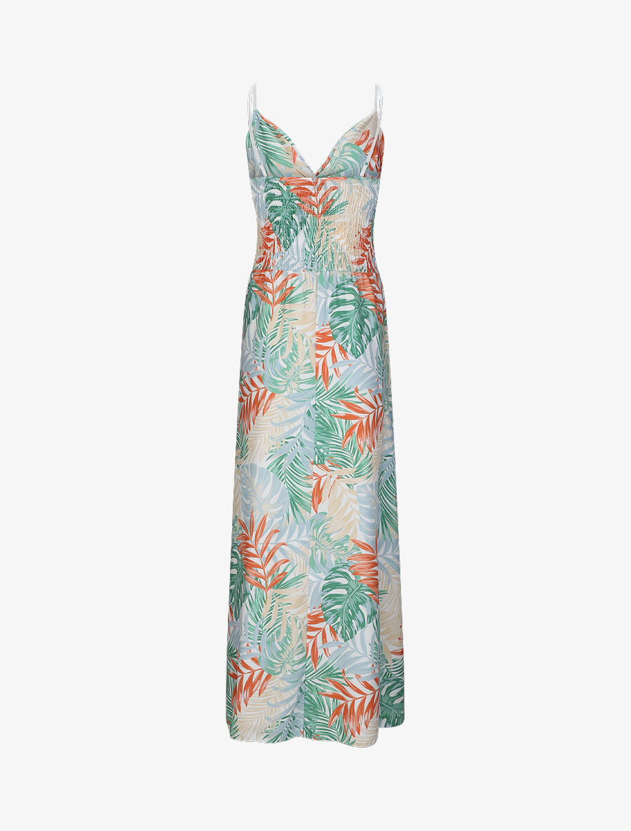 Robe longue évasée imprimé tropique col à noeud - Blanc - 2