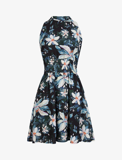 Robe patineuse courte sans manches imprimé lys - Noir - 1