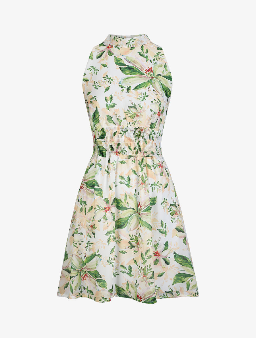 Robe patineuse courte sans manches imprimé lys - Blanc - 1