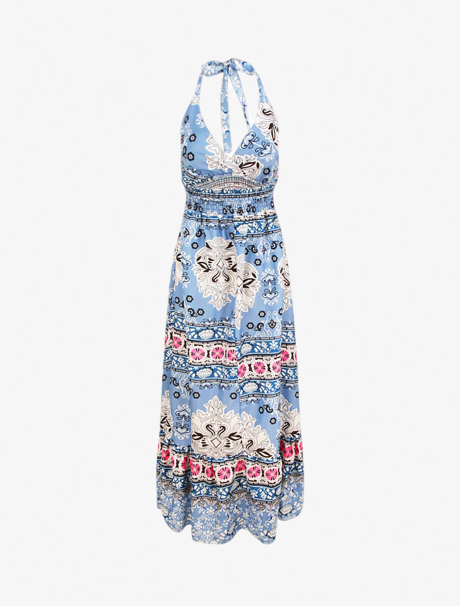 Robe longue dos nu imprimé mosaïque - Bleu - 2