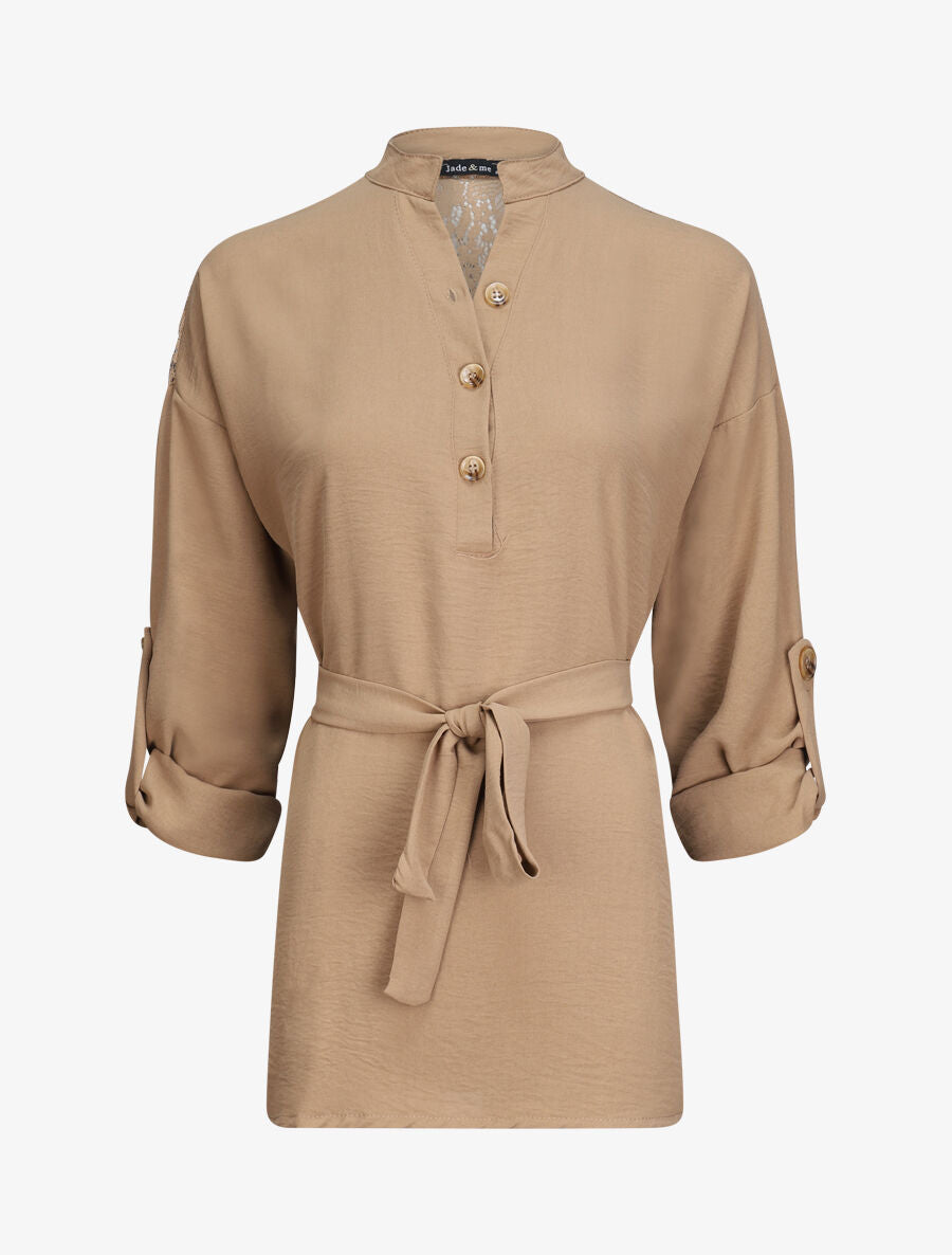 Tunique style chemise à détail dentelle - Camel - 1