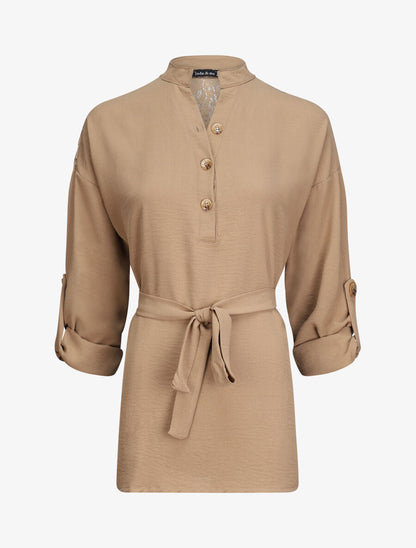 Tunique style chemise à détail dentelle - Camel - 1