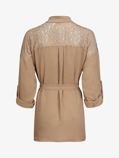 Tunique style chemise à détail dentelle - Camel - 2