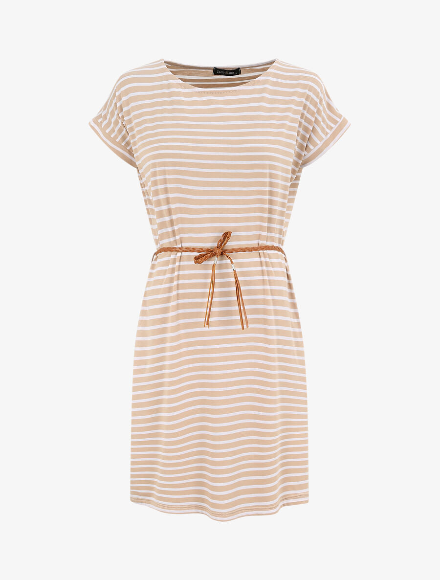 Robe courte droite rayée à manches courtes - Beige - 1