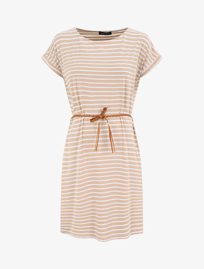 Robe courte droite rayée à manches courtes - Beige - 1